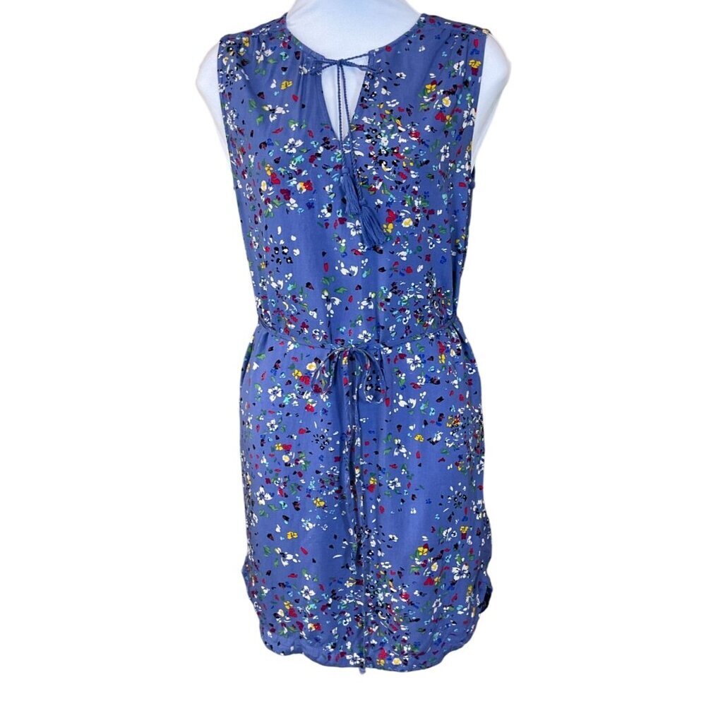 Beachlunchlounge Blue Floral Sleeveless Dress or Cover Up Tassel Tie Detail Sm